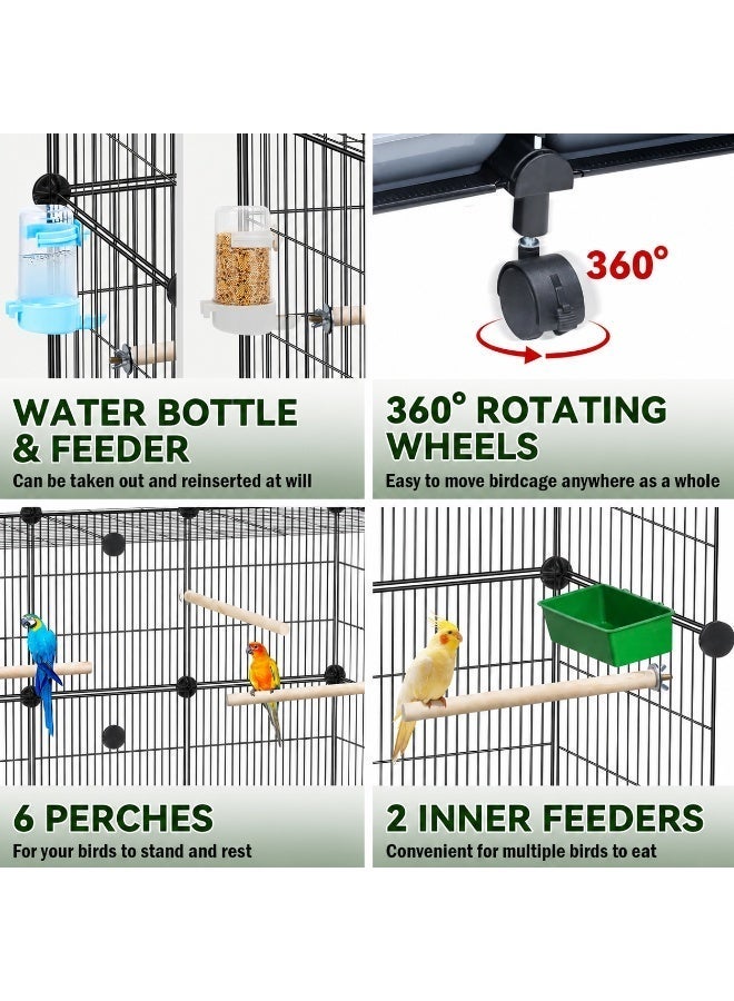 46-inch Large Rolling Bird Cage with 3 Slide-out Trays - DIY Multi-Level Parrot Flight Cage & Pet Playpen with 6 Perches, Feeders & 360° Wheels - Image 5