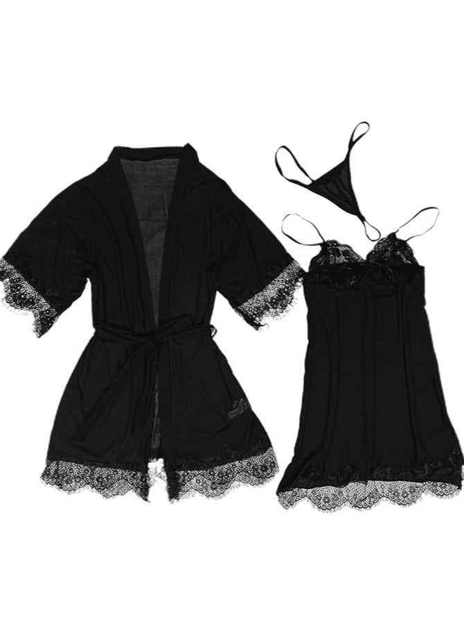 بونكا - قميص نوم نسائي مطرز بالدانتيل باللون الأسود 3 قطع - Image 1