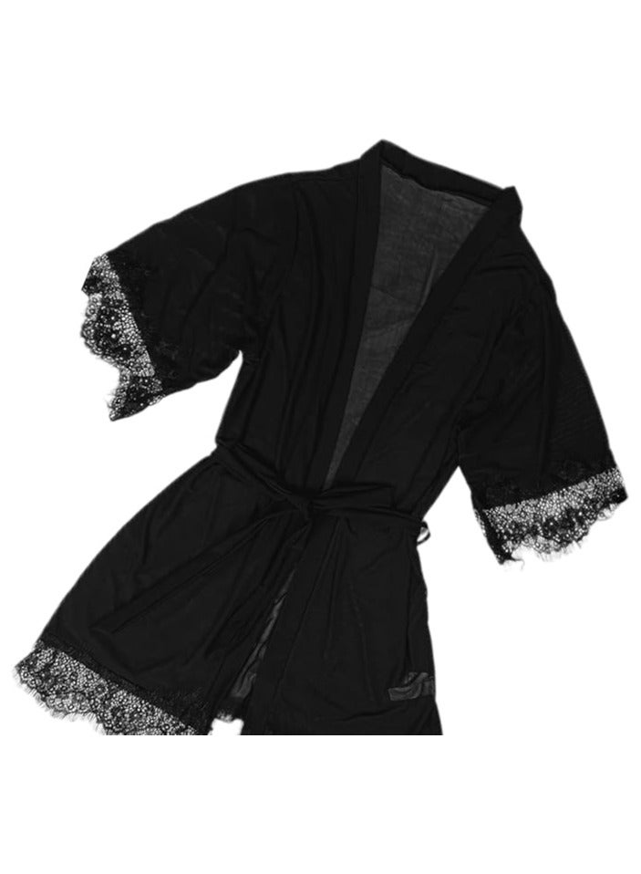 بونكا - قميص نوم نسائي مطرز بالدانتيل باللون الأسود 3 قطع - Image 3