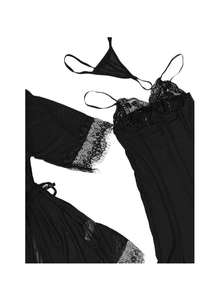 بونكا - قميص نوم نسائي مطرز بالدانتيل باللون الأسود 3 قطع - Image 4