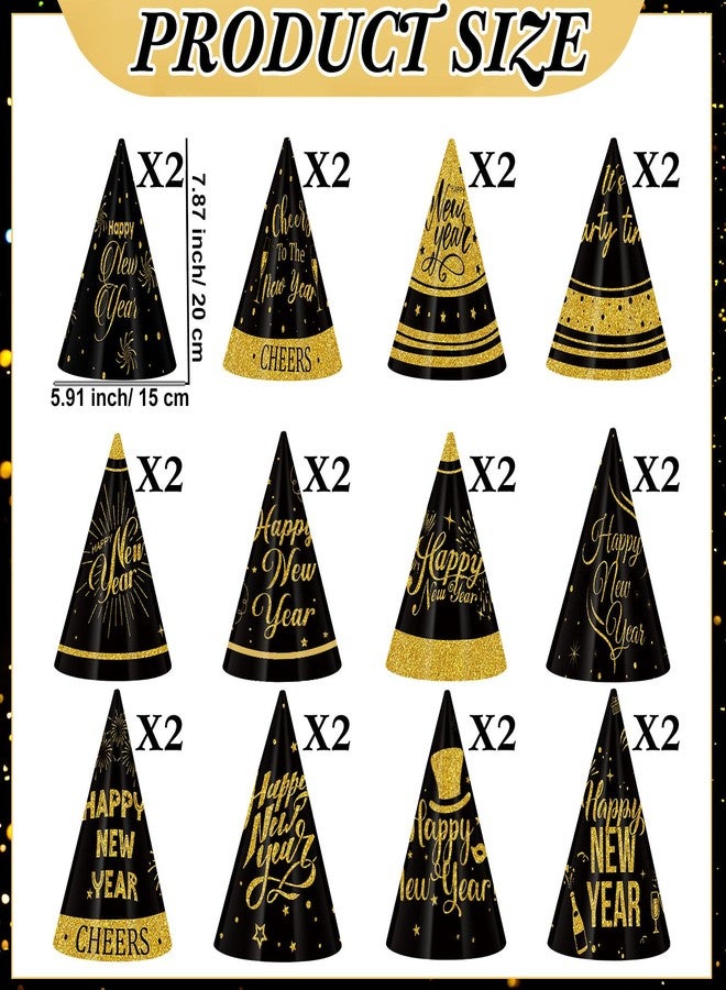 Harrycle 24 Pcs Happy New Year Hats 2026 Paper Cone Hat New Year Eve Party Favors Supplies for Adults Photo Props Decorations(Black Gold,Glitter) - Image 3