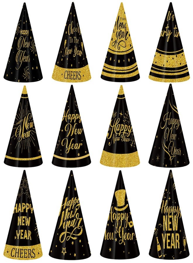 Harrycle 24 Pcs Happy New Year Hats 2026 Paper Cone Hat New Year Eve Party Favors Supplies for Adults Photo Props Decorations(Black Gold,Glitter) - Image 1