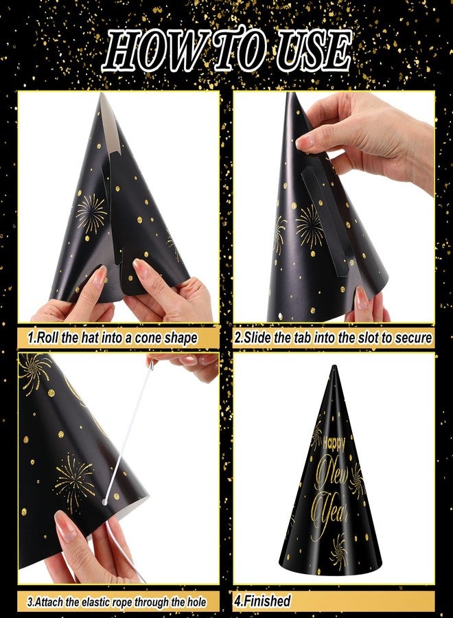 Harrycle 24 Pcs Happy New Year Hats 2026 Paper Cone Hat New Year Eve Party Favors Supplies for Adults Photo Props Decorations(Black Gold,Glitter) - Image 5