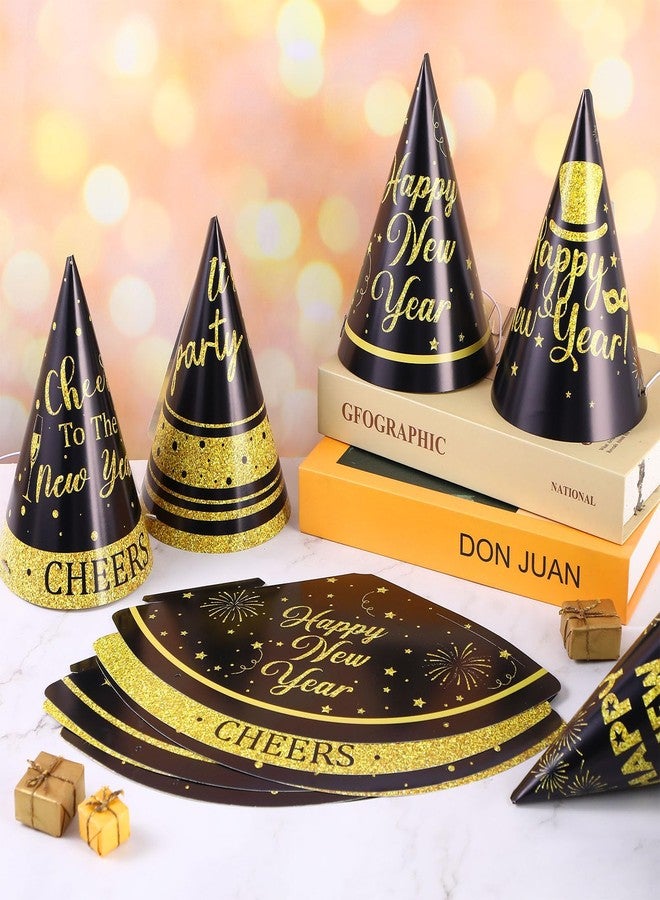 Harrycle 24 Pcs Happy New Year Hats 2026 Paper Cone Hat New Year Eve Party Favors Supplies for Adults Photo Props Decorations(Black Gold,Glitter) - Image 2
