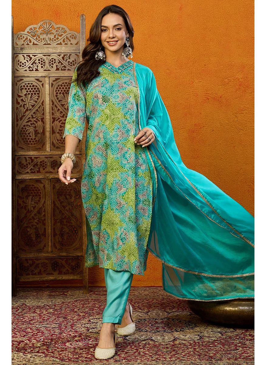 زيري سوق Blue Cotton Blend Bandhani Printed Straight 3-Piece Kurta Set
