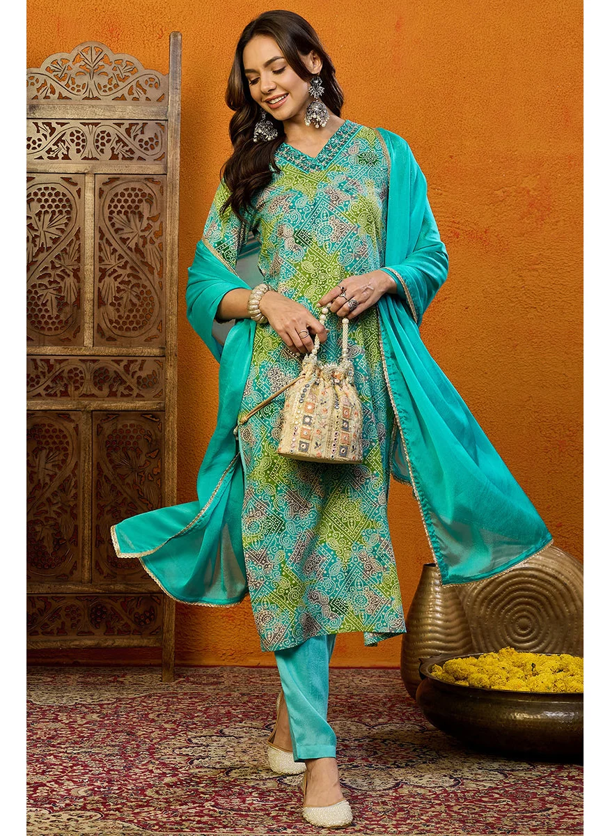 زيري سوق Blue Cotton Blend Bandhani Printed Straight 3-Piece Kurta Set