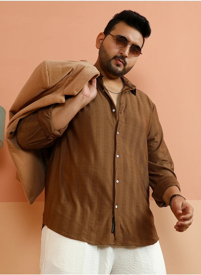 انستافاب بلس Instafab Plus Men's Mocha Brown Ripple-Panel Tactile Shirt For Casual Wear | Spread Collar | Long Cuffed Sleeves | Button Closure | Plus Size Shirt Crafted With Comfort Fit For Everyday Wear