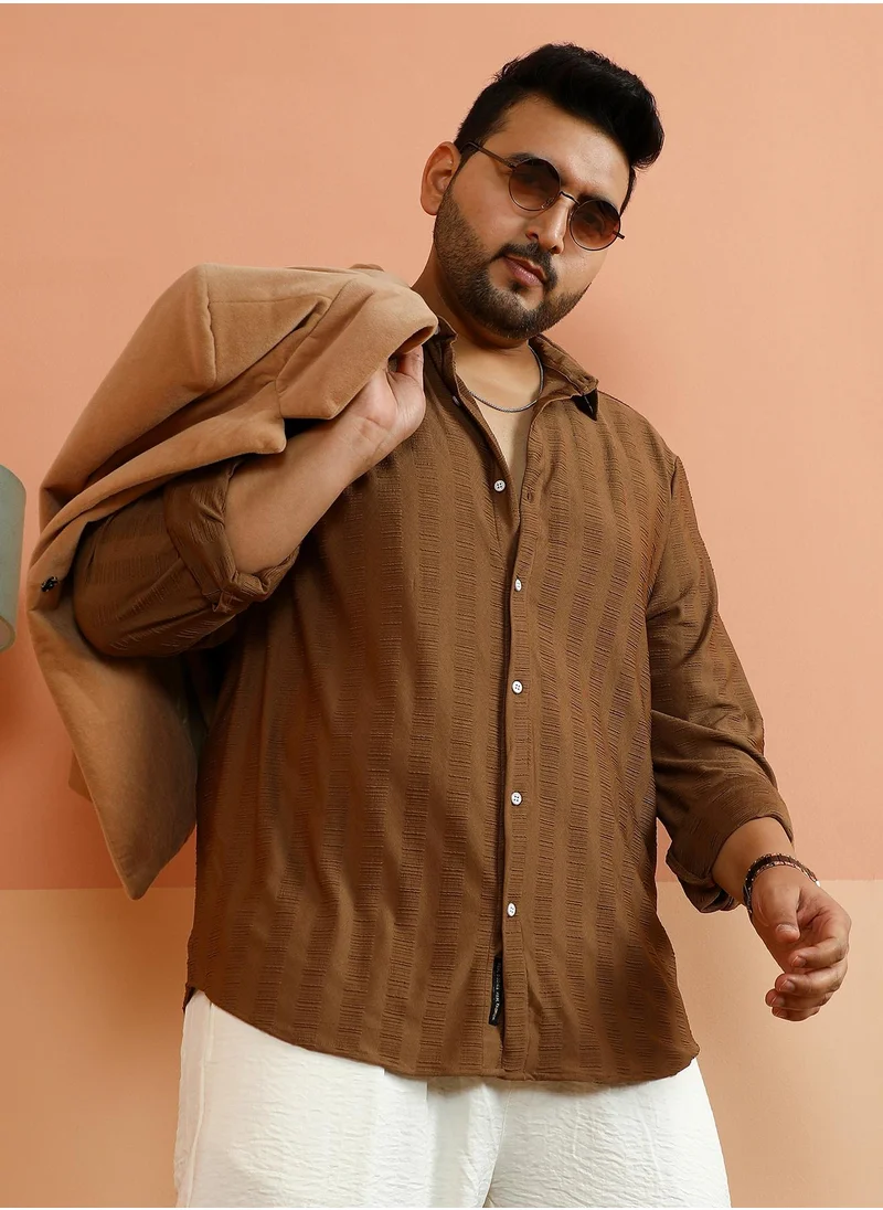 انستافاب بلس Instafab Plus Men's Mocha Brown Ripple-Panel Tactile Shirt For Casual Wear | Spread Collar | Long Cuffed Sleeves | Button Closure | Plus Size Shirt Crafted With Comfort Fit For Everyday Wear