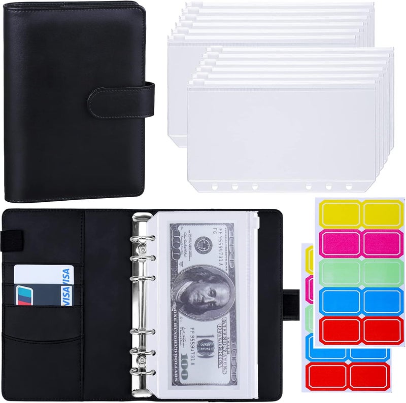Antner A6 Budget Binder with Zipper Cash Envelopes for Money Organizer & Budgeting, PU Leather Budget Planner Money Saving Binder with Cash Stuffing Envelopes & Labels for Home Office Travel, Black - Image 1