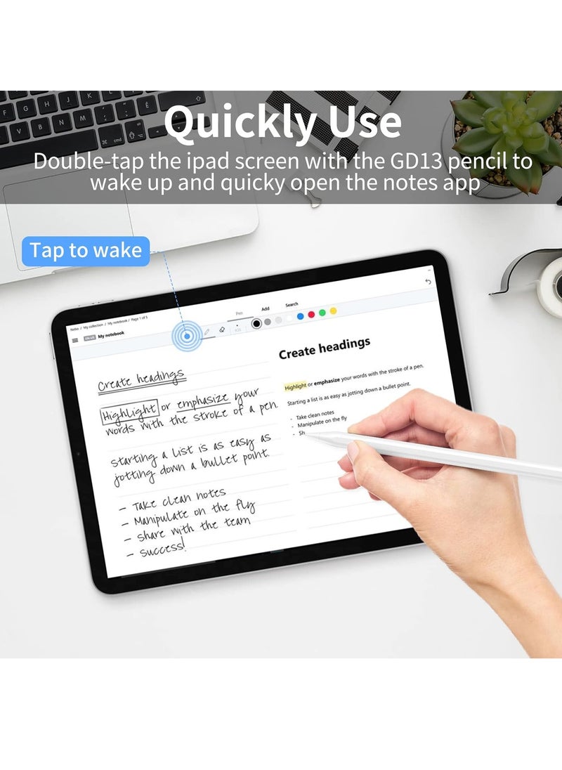 GD 13th Generation Stylus Pen with Wireless Charging, Tilt, and Active Palm Rejection Technology Compatible with iPad Pro 12.9 3-4-5 iPad 11 1-2-3 Air 4-5 Mini 6 White