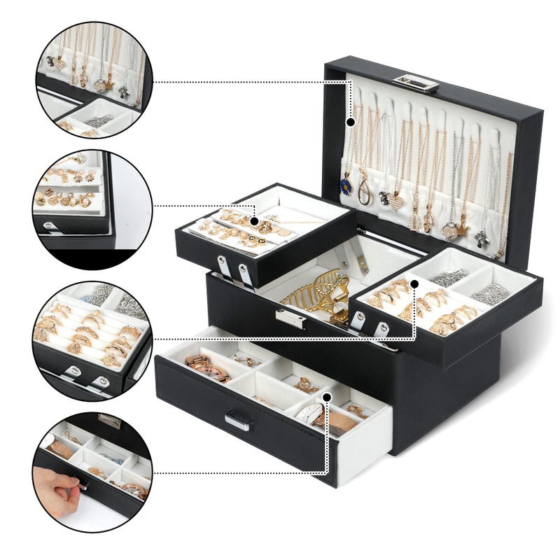 Dajasan Jewelry Boxes for Women Girls, Jewelry Organizer Box, 3 Layers Jewelry Storage Organizer for Earring, Ring, Necklace, Bracelets (Black) - Image 2