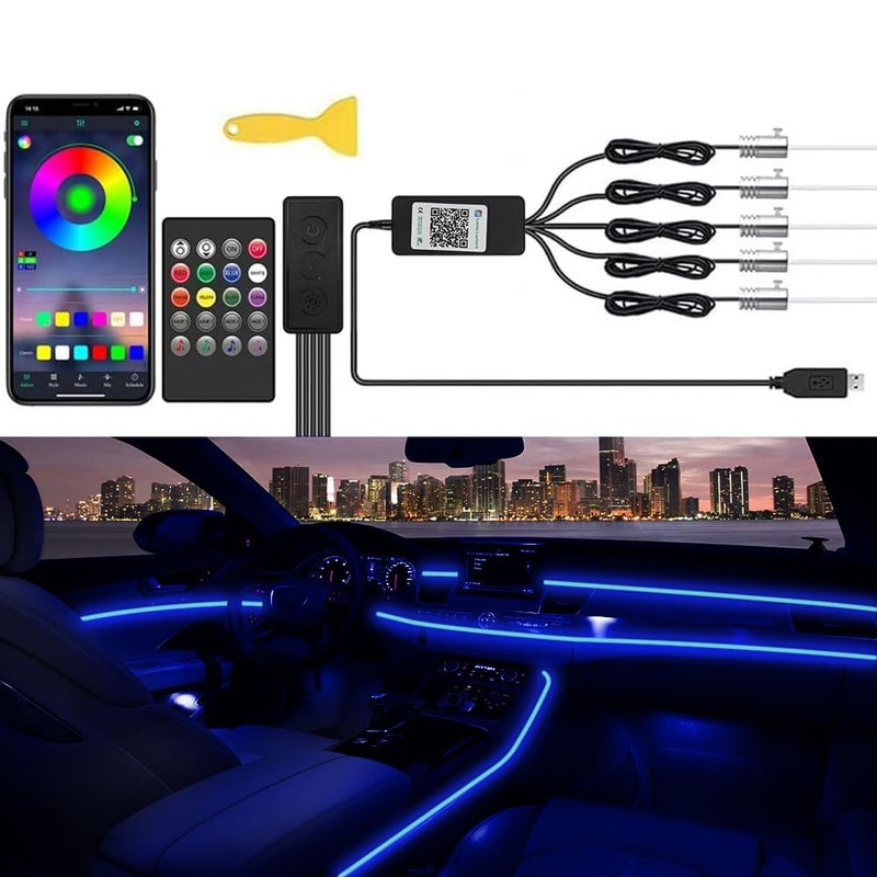 أضواء شريط LED الداخلية للسيارة TEKSHINNY RGB مع تحكم عن بُعد عبر تطبيق و زر، مجموعة إضاءة محيطية من الألياف الضوئية 5 في 1 مع 236 بوصة من أضواء EL للسيارة من الداخل