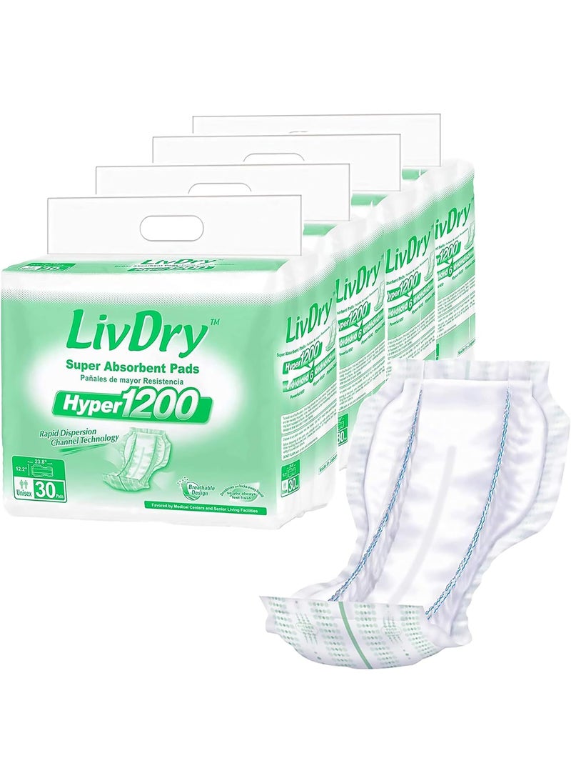 LIVDRY LivDry High Absorbency Pad Insert for Incontinence Briefs and Adult Diapers, Women and Men, Hyper 1200 (120 Count) 