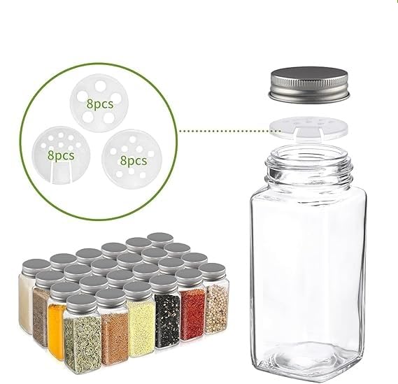 CASADELIGHT Square Glass Spice Jars 120 ml Clear Glass Square Spice Jar Black Sifter Two Sided Sifter Capshaker holespour open and Freshness Seal black 10 - Image 4