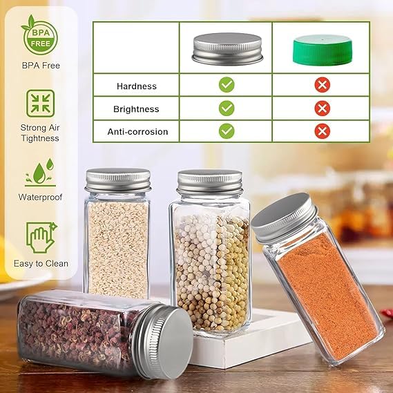 CASADELIGHT Square Glass Spice Jars 120 ml Clear Glass Square Spice Jar Black Sifter Two Sided Sifter Capshaker holespour open and Freshness Seal black 10 - Image 3