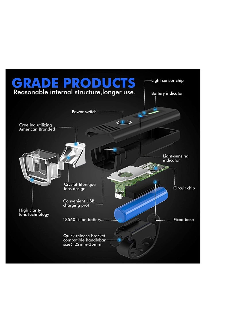 Excefore مجموعة أضواء دراجة قابلة للشحن عبر USB، 2000 لومن مصباح أمامي LED فائق السطوع ومصباح خلفي، مقاوم للماء IPX5، 3 أوضاع إضاءة لمصباح السلامة للدراجات، تناسب جميع الدراجات - Image 3