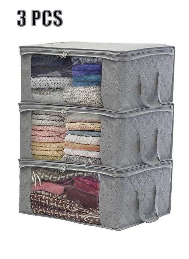 Generic 3 Piece Folding Organizer Large Capacity Nonwoven Quilt Storage Bag  Closet Organizer With Zipper Handle Home Quilt Organizer Closet Clothes Organizer Gray  - Image 1
