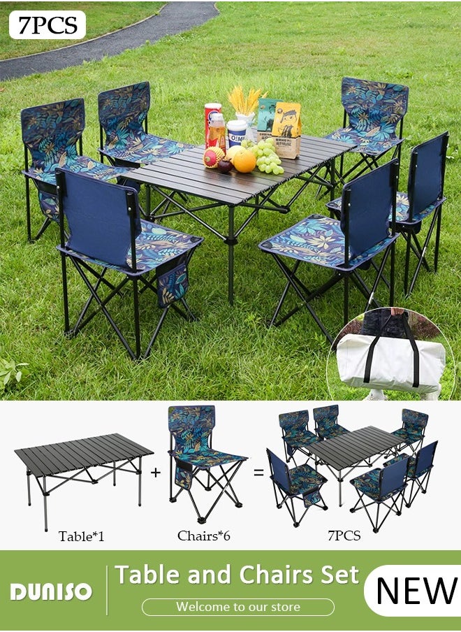 DUNISO - 7 Piece Folding Camping Table Chair Set,Aluminum Roll Up Portable Picnic Table Outdoor Lightweight Folding Table with Carry Bag, Portable Folding Travel Table Chair for Outdoor Indoor Picnic Party BBQ Hiking Patio Garden Backyard(1*Table&6*Chairs) - Image 1
