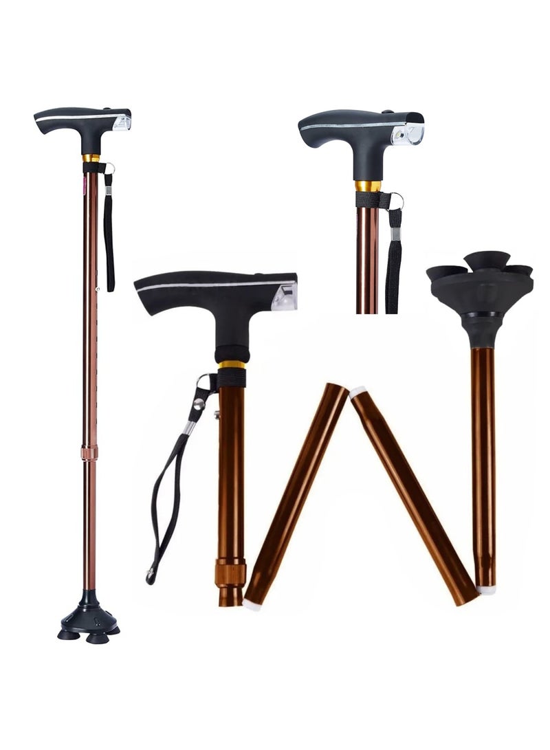 Yuwell Canes Foldable And Retractable Walking Stick For Men And Women Walking Stick Human Bionics Wear Resistant Non-Slip Pad Elderly Crutch Body Mechanics, Bionics Design Principles Cane Ultimate Magic Cane With LED Light Aluminum Alloy Regimen Security Balance Convenient 5 Major Functions Three-Point Support, Four Fold, Five Telescopic Rotating Bending The Handle Lighting Gold - Image 1