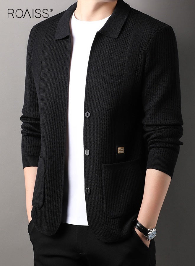رويس سترة كارديجان محبوكة بحافة مضلعة للرجال لفصل الربيع والخريف، ياقة أنيقة، سترة كارديجان كاجوال بأزرار للرجال، جيوب متعددة للارتداء اليومي في العمل - Image 2