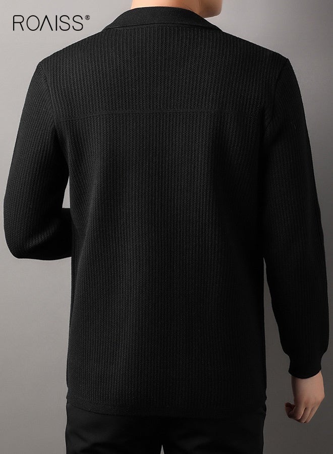 رويس سترة كارديجان محبوكة بحافة مضلعة للرجال لفصل الربيع والخريف، ياقة أنيقة، سترة كارديجان كاجوال بأزرار للرجال، جيوب متعددة للارتداء اليومي في العمل - Image 3