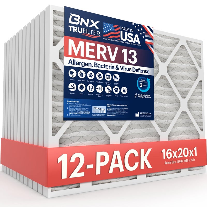 BNX TruFilter 16x20x1 MERV 13 (12-Pack) AC Furnace Air Filter - MADE IN USA - Electrostatic Pleated Air Conditioner HVAC AC Furnace Filters - Removes Pollen, Mold, Bacteria, Smoke - Image 1