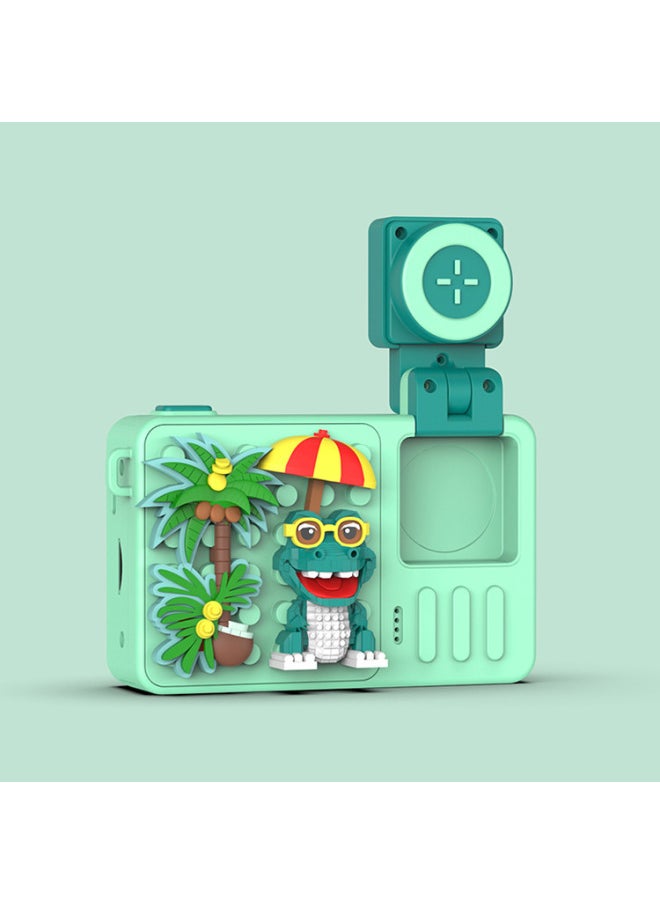 Generic H9 Children's Camera Step Into High-definition Dual-camera Digital Camera Creative Building Blocks Puzzle Toy Camera-Body Color:Green Crocodile  - Image 1