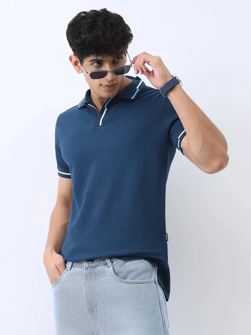 Urbano Fashion Men's Estate Blue Solid Regular Fit Half Sleeve Cotton Polo T-Shirt