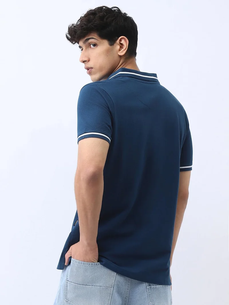 Urbano Fashion  Urbano Fashion Men's Estate Blue Solid Regular Fit Half Sleeve Cotton Polo T-Shirt  | Best Price UAE