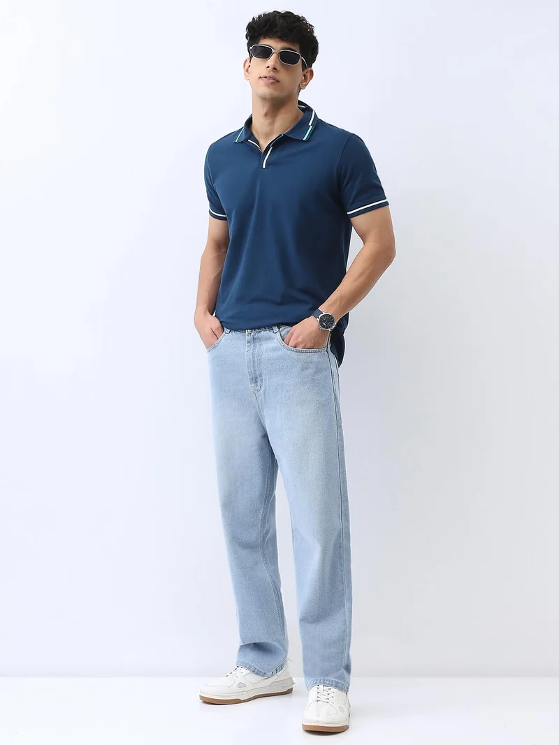 Urbano Fashion  Urbano Fashion Men's Estate Blue Solid Regular Fit Half Sleeve Cotton Polo T-Shirt  | Best Price UAE