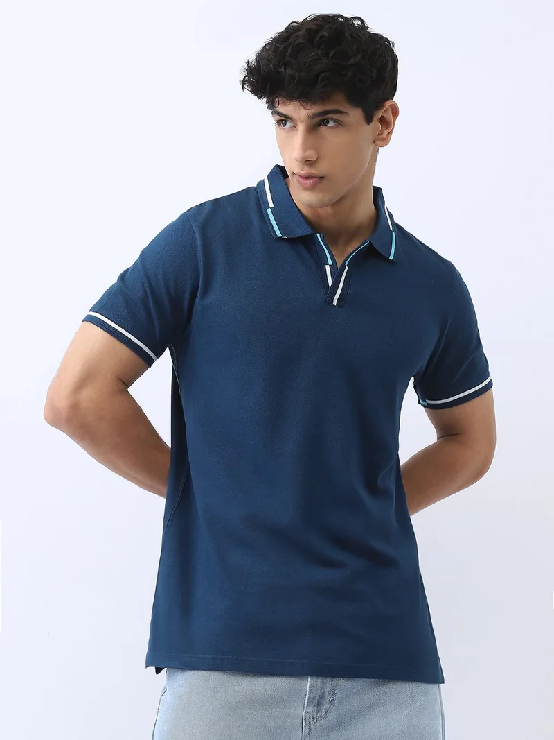 Urbano Fashion  Urbano Fashion Men's Estate Blue Solid Regular Fit Half Sleeve Cotton Polo T-Shirt  | Best Price UAE