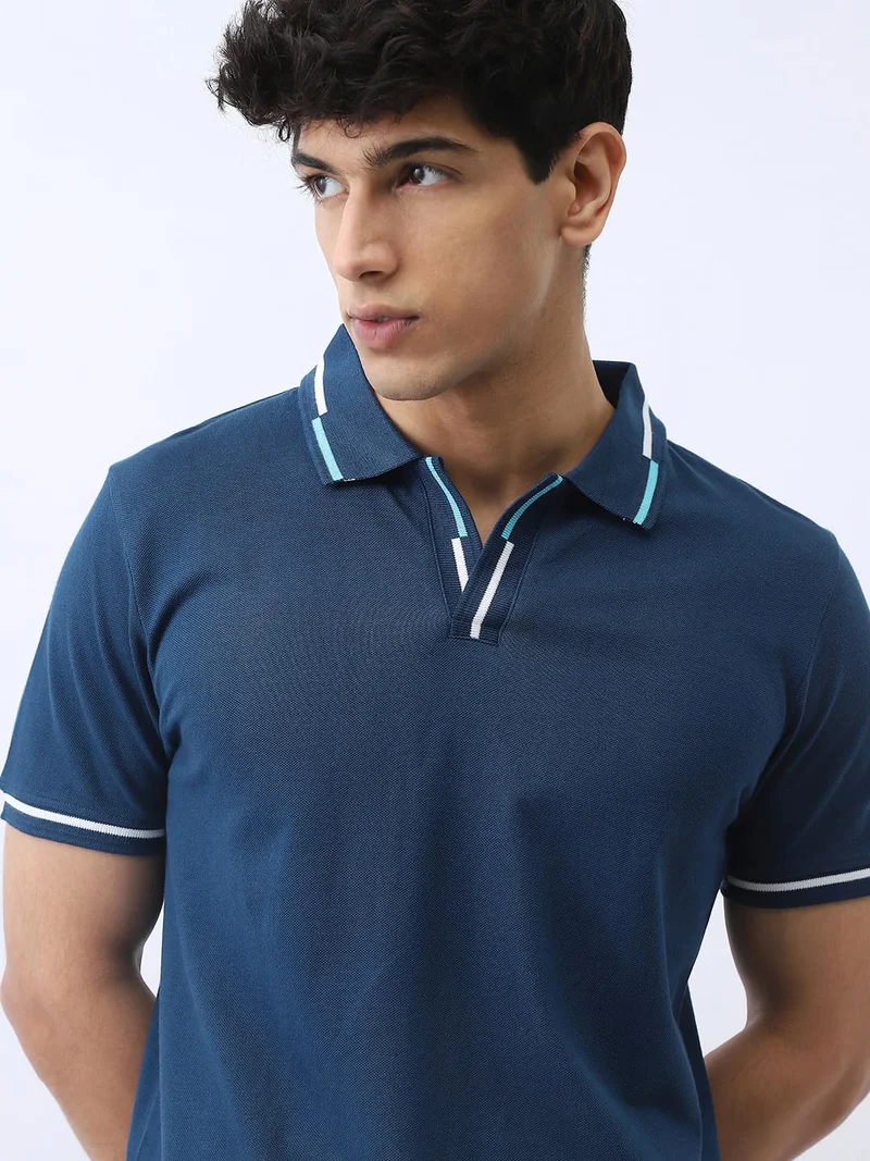 Urbano Fashion  Urbano Fashion Men's Estate Blue Solid Regular Fit Half Sleeve Cotton Polo T-Shirt  | Best Price UAE