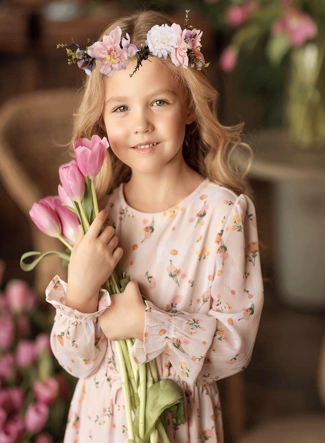 AWAYTR Flower Crowns for Women Flower Headband Adjusatble Flower Girl Headpiece Headband Fairy Crown for Bridal Wedding Festival Party Photo (Pink) - Image 4
