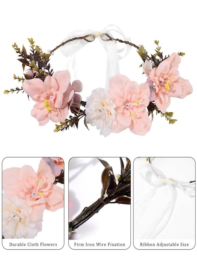 AWAYTR Flower Crowns for Women Flower Headband Adjusatble Flower Girl Headpiece Headband Fairy Crown for Bridal Wedding Festival Party Photo (Pink) - Image 2