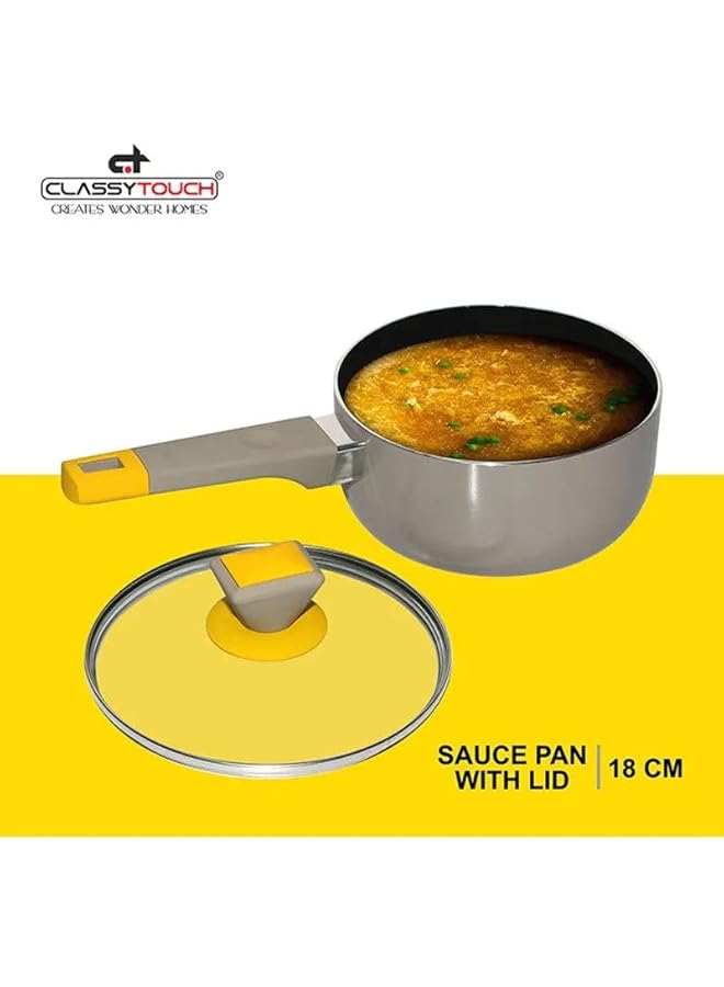 CLASSYTOUCH Non Stick Saucepans With Glass Lids, Flat Base Sauce Pan, Tea Pan, Milk Pan, Tapeli Patila, Sauce Pot Cookware With Lids Sauce Pan 18 Cm Diameter With Lid 1.5 L Capacity (Aluminium, Non Stick) - Image 3