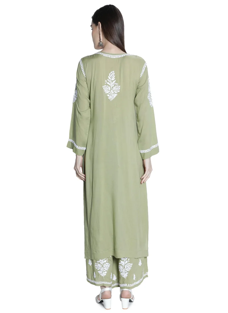 ZERESOUQ Thyme Green Chikan Kurta with Palazzo Set