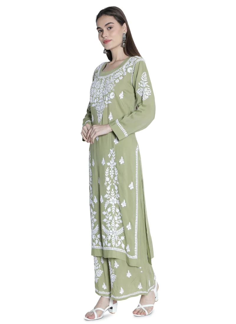 ZERESOUQ Thyme Green Chikan Kurta with Palazzo Set