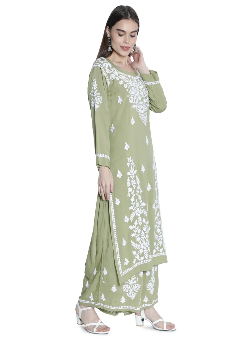 ZERESOUQ Thyme Green Chikan Kurta with Palazzo Set