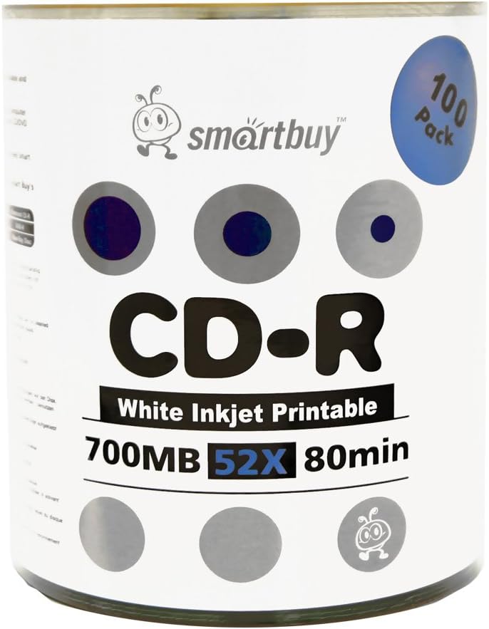 Smartbuy قرص قابل للتسجيل 100 قرص 700 ميجابايت/80 دقيقة 52x CD-R قابل للطباعة بالحبر الأبيض - Image 1