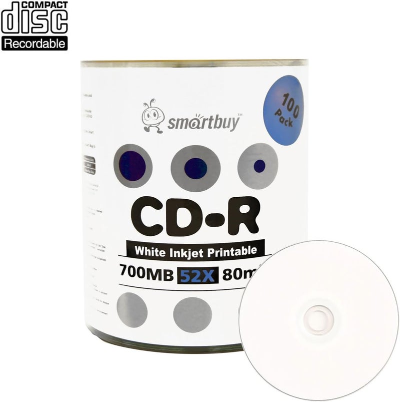 Smartbuy قرص قابل للتسجيل 100 قرص 700 ميجابايت/80 دقيقة 52x CD-R قابل للطباعة بالحبر الأبيض - Image 2