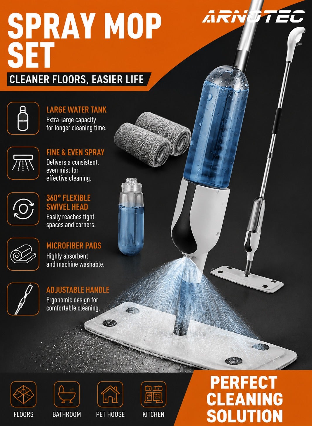 Spray Mop for Floor Cleaning with 350ml Refillable Bottle, 360° Rotating Head, 2 Reusable Microfiber Pads – Wet & Dry Microfiber Mop for Hardwood, Tile, Laminate, Vinyl & More, 38cm Wide Mop Head