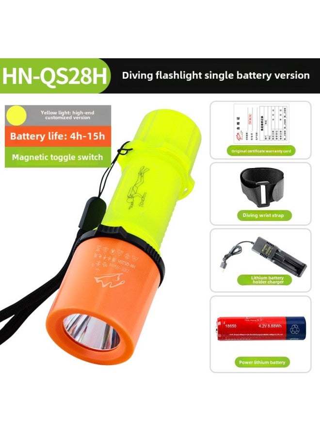 Diving Special Flashlight Strong Light Charging Outdoor Super Bright Waterproof Underwater Professional Deep Diving Night Diving Fish Searchlight-Product Specifications:(Yellow Light) HN-QS28 Diving Flashlight Single Battery Version - Image 1