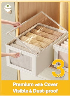 YooA 3pc Foldable Stackable Closet Storage Organizer with Clear Cover and Window, Washable Closet Storage Boxes with Pull-out Handles, Cube Storage Bin for Closet Wardrobe Home Bedroom Office  - Image 1