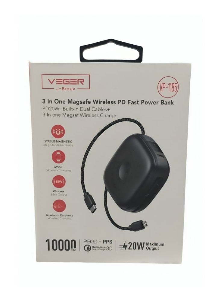 VEGER 10000mAh Wireless Power Bank 20W Support MagSafe Charging with 2 Built-in Cables and Smart Light Indicator Black - Image 5