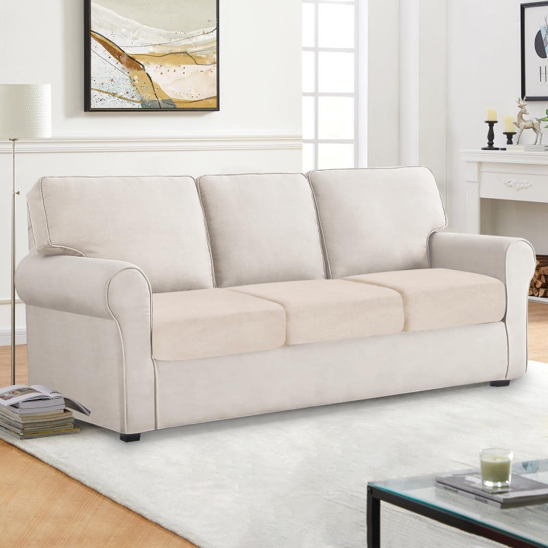 BT.WA Couch Cushion Cover Velvet 3 Pieces Seat Cushion Cover Stretch Sofa Covers Separate Sectional Sofa Slipcovers Furniture Protector (3-Seater or Backrest  Beige) - Image 2