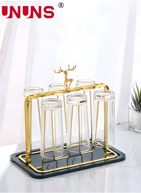 Coffee Mug Holder,Deer Shaped Cup Drying Rack With Detachable Drain Tray,Bottle Drying Rack Stand With 6 Hooks And Silicone Holder Pads,Mug Organizer