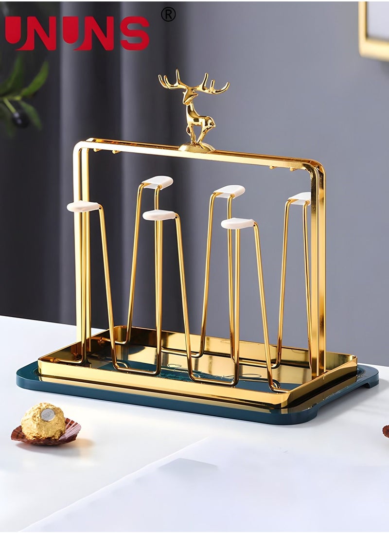 Coffee Mug Holder,Deer Shaped Cup Drying Rack With Detachable Drain Tray,Bottle Drying Rack Stand With 6 Hooks And Silicone Holder Pads,Mug Organizer