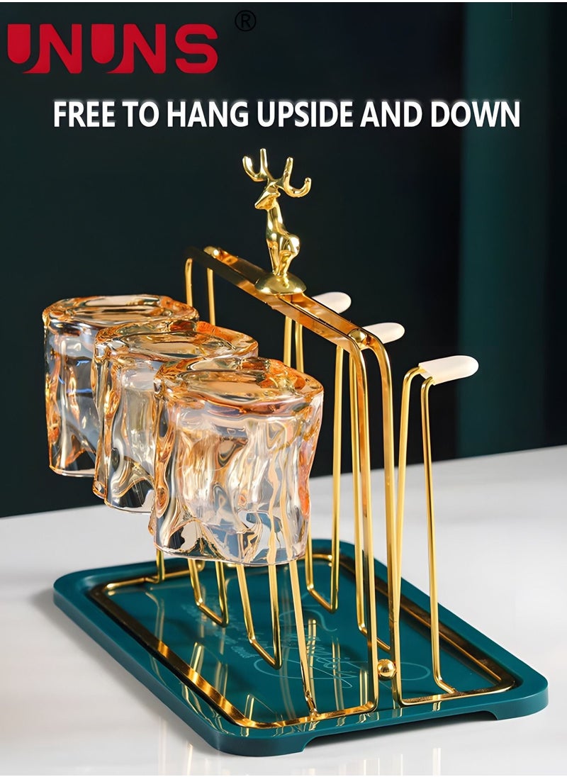 Coffee Mug Holder,Deer Shaped Cup Drying Rack With Detachable Drain Tray,Bottle Drying Rack Stand With 6 Hooks And Silicone Holder Pads,Mug Organizer