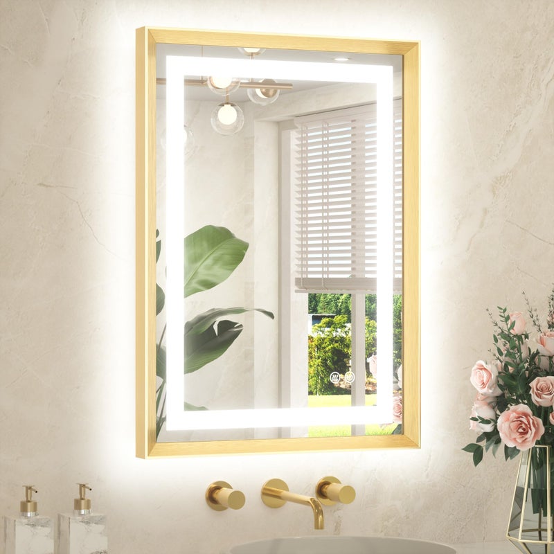 TETOTE 22 x 30 Bathroom LED Mirror Brushed Gold Metal Frame Frontlit & Backlit Vanity Mirror Anti-Fog Stepless Dimmable 3 Colors White/Warm/Natural Mirror with Lights Wall-Mounted - Image 1