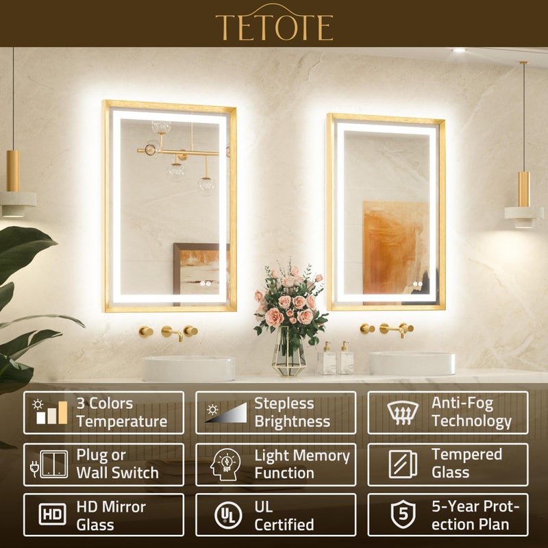 TETOTE 22 x 30 Bathroom LED Mirror Brushed Gold Metal Frame Frontlit & Backlit Vanity Mirror Anti-Fog Stepless Dimmable 3 Colors White/Warm/Natural Mirror with Lights Wall-Mounted - Image 2